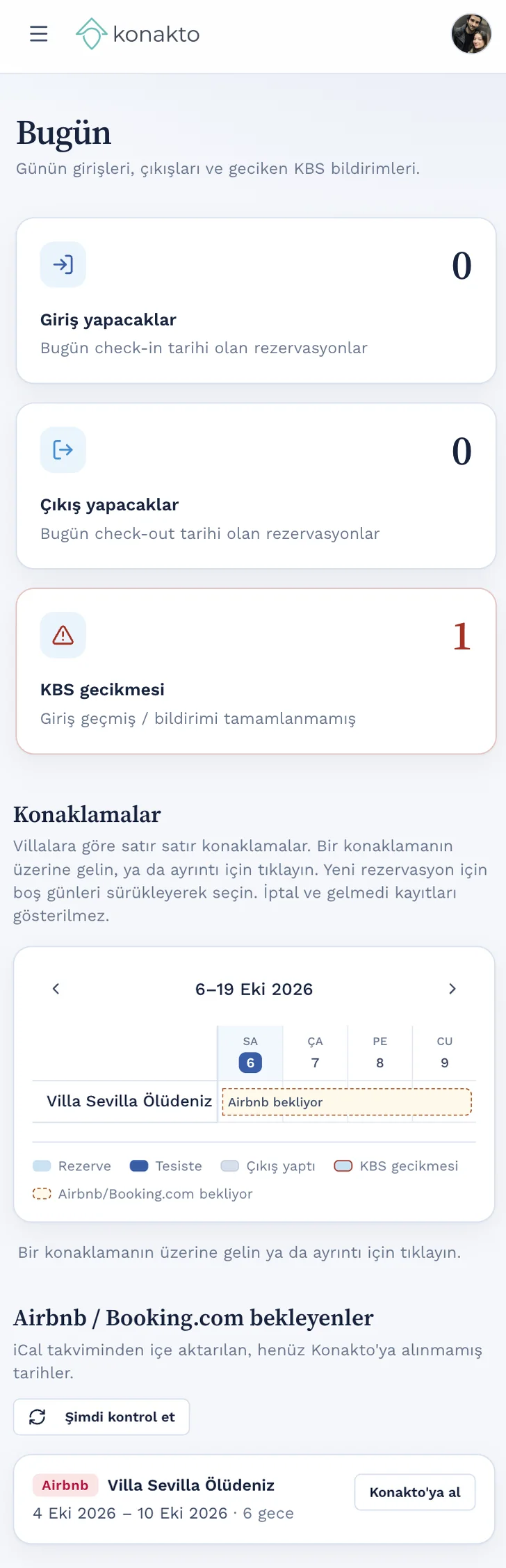 Konakto Bugün ekranı: girişler, çıkışlar ve villa takvimi (mobil)
