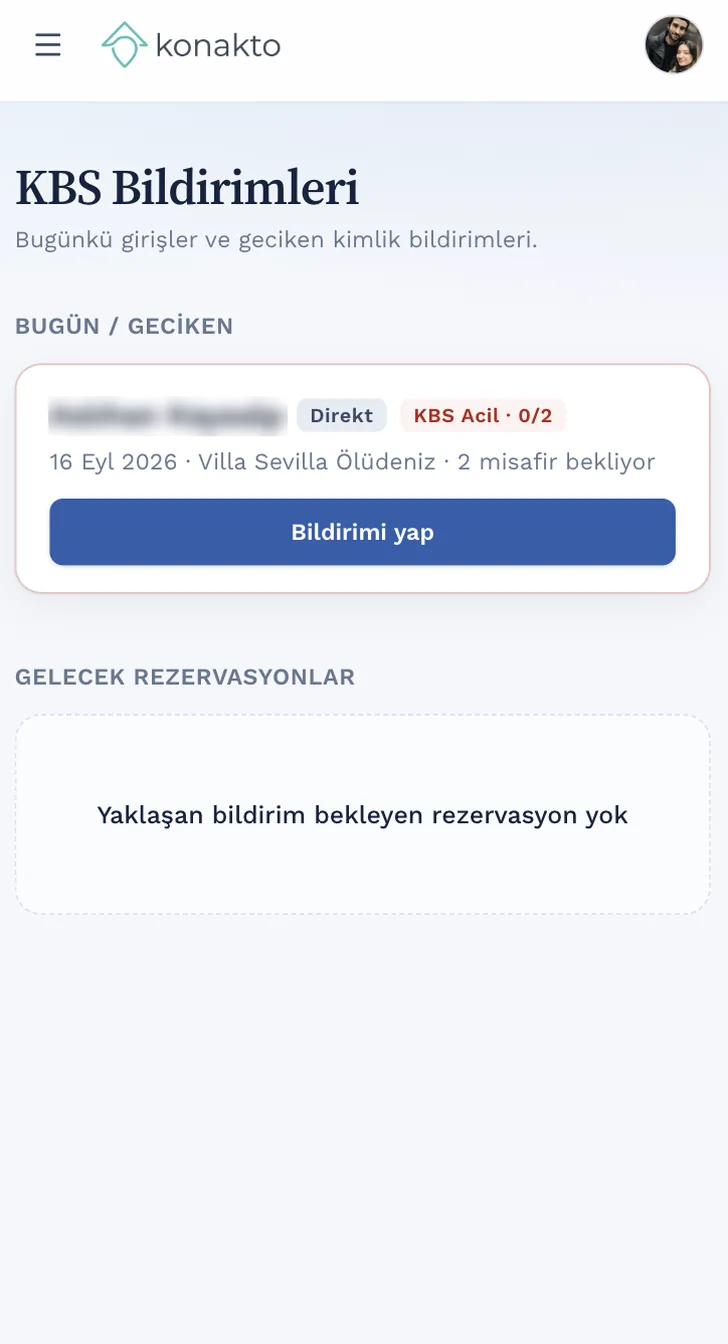 Konakto KBS Bildirimleri ekranı: bugünkü ve geciken bildirimler (mobil)